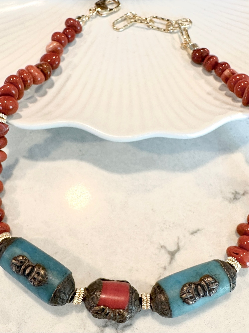 Natural Red Jasper Tibetan Turquoise Style Beaded Necklace Gold Tone Handmade